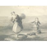 19thC School. Study of a mother and child on stepping stones, black and engraving, 36cm x 76cm.