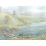 Early 20thC School. Figures fishing on a calm stream before hills, gouache, unsigned, 30cm x 39cm.