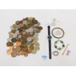 A group of collectors coins, Spanish Marks, pennies, half pennies, small group of costume jewellery,