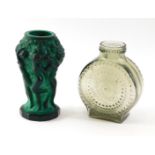 A green Malachite Art Glass vase, depicting semi clad females, with grapes and vines, 12cm high, and