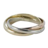 A 9ct gold tricolour infinity ring, of crossover design, ring size K½, 3.7g all in.