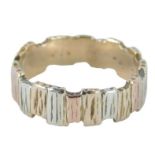 9ct gold dress ring, of tricolour bark effect design, ring size L½, 3.6g all in.