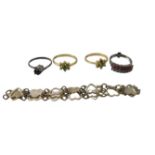 Costume jewellery, comprising a silver heart shaped bracelet, two silver dress rings and two plated