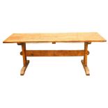 An elm and burr elm refectory table, the four planked top with cleated ends on plain end supports, c
