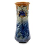 A Royal Doulton stoneware vase, with a brown rim in art nouveau style with flower swags and droplets