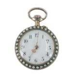 A silver gilt fob watch, with a white enamel numeric dial with gold markers, with seed pearl border,