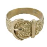 A 9ct gold buckle ring, with hammered floral decoration, ring size T, 4.2g all in.