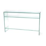 A Green Apple glass side table, of rectangular shape with two shelves, 73cm high, 122cm wide, 30cm d
