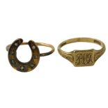 Two dress rings, comprising a 9ct gold signet ring bearing the initials PW, ring size M½, 1.9g all i