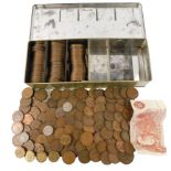 Pre decimal coinage and banknotes, to include pennies, half pennies, three pence tokens, a half crow