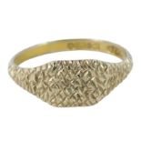 A 9ct gold signet ring, of crossover and hatched design, ring size N, 1.9g all in.