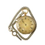 An 18ct gold continental fob watch, with a silver coloured dial with banjo and flowers, with black R