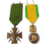 Two French World War I medals, comprising 14-18 star, on green and red striped ribbon, and the Repub