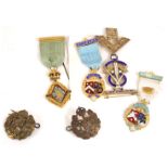 Two brass RAF cap badges, Stewards badges, vintage badges and medals, etc.