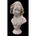 A resin bust of a young girl, wearing a bonnet, etc., indistinctly signed, Paris, 42cm high.