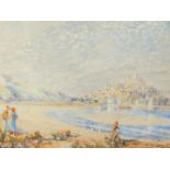 20thC School. Beach scene depicting figures and coastal town to background, watercolour, unsigned, 2