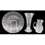 Three items of cut glass, comprising an Arcoroc French cabinet plate, 19cm diameter, a Stewart cryst