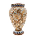 A Doulton Lambeth stoneware vase, with pierced and moulded border, on a turquoise and blue painted f