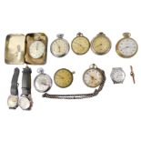 A group of pocket watches, Ingersoll brass pocket watch, chrome case military pocket watch, collecto