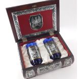 A pair of Polish blue glass and pewter mounted tumblers or glasses, in presentation fitted case, tit