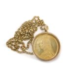 A Queen Victoria two pound gold coin pendant and chain, the gold coin in a 9ct gold case with Perspe