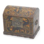 A Chinese black and gilt lacquer domed top trunk, with side handles and metal mounts, 36cm wide. (AF