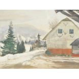 Ernst Huber (1895-1960). Alpine scene, cottage and trees before mountains, watercolour, signed and d