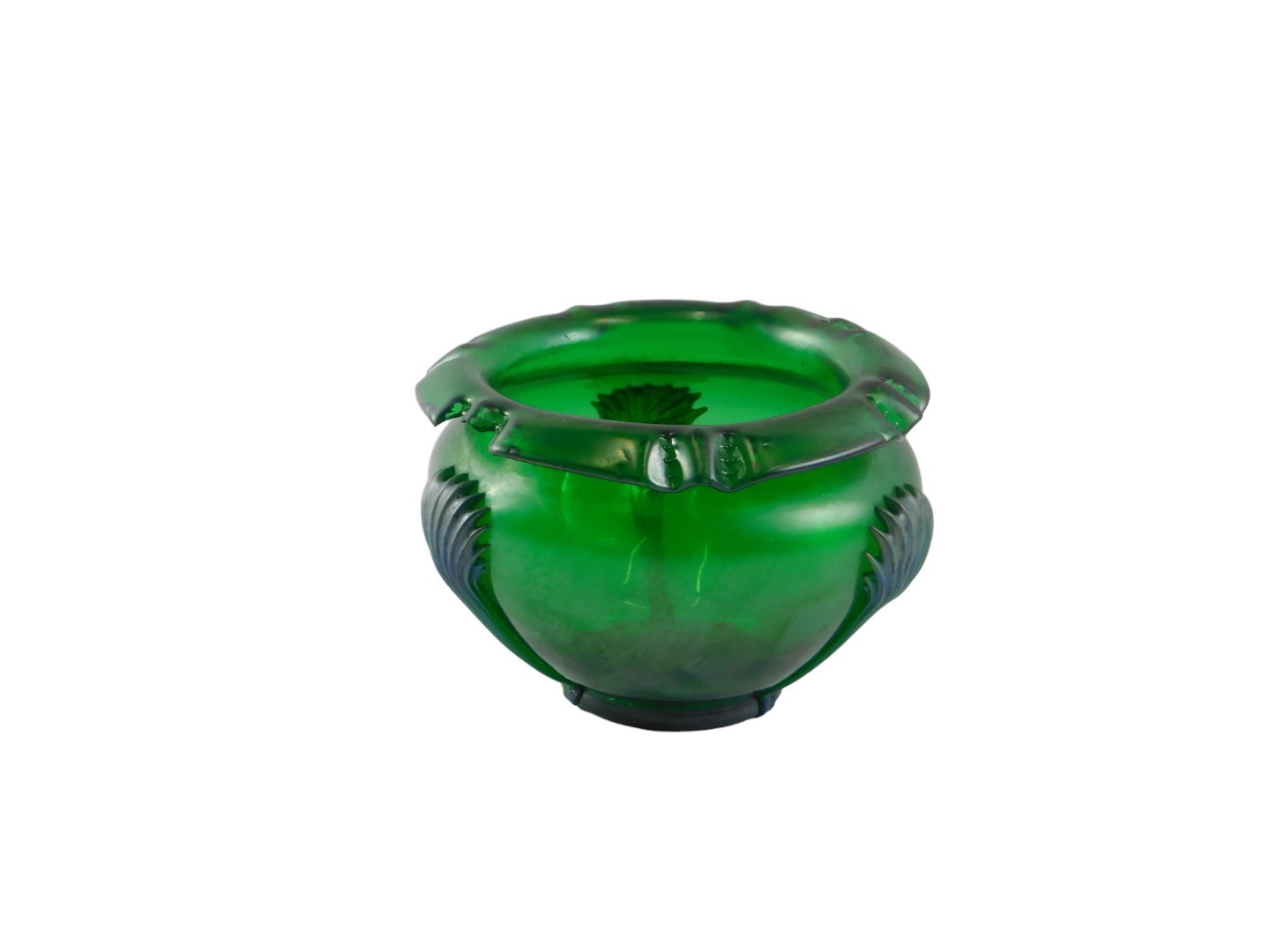 A Loetz green opalescent glass shallow vase or bowl, with blue glass divisions.