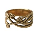 A 9ct gold Art Nouveau style dress ring, with cross over vine design, ring size T, 5.7g all in.