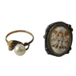 Two dress rings, comprising a silver and cameo ballet dancer dress ring, and a 9ct gold and cultured