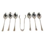 A set of George V silver teaspoons and tongs, each with a fan top on twisted stem, Birmingham 1918,