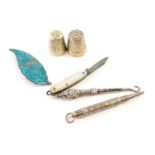 Various silver and other items, a mother of pearl miniature fruit knife, button hook with silver han