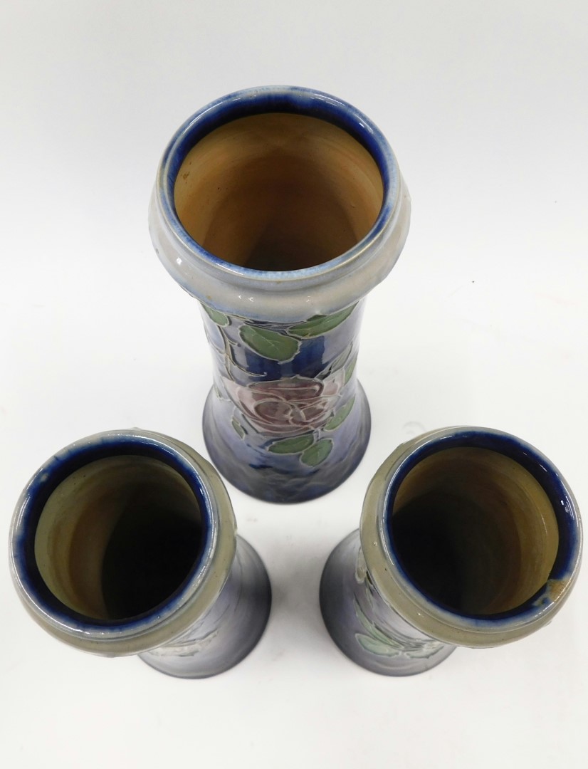 Three Royal Doulton stoneware vases, of matching design on a blue and purple ground comprising a pai - Image 2 of 3