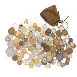 A collection of Middle Eastern coins, Chinese tokens, pesos, and others. (1 bag)