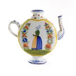 A 19thC French HB faience large teapot, in the Mazon flat round Breton pattern, polychrome decorated