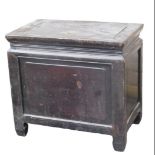 A Chinese urn stand or plinth, was removable cover and panelled sides, 51cm high, 55cm wide. (AF)