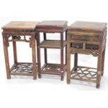 Three Chinese urn tables, each of varying design, 75cm high, 43cm wide etc. (AF)