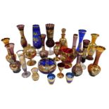 A quantity of Venetian coloured glass vases, etc., each decorated in gilt and with raised enamel flo