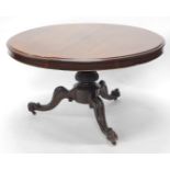 A Victorian mahogany breakfast table, the circular top with a moulded edge, on a turned and a carved