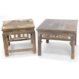 Two similar Chinese low tables, each with on plain supports, approx 55cm and 63cm wide