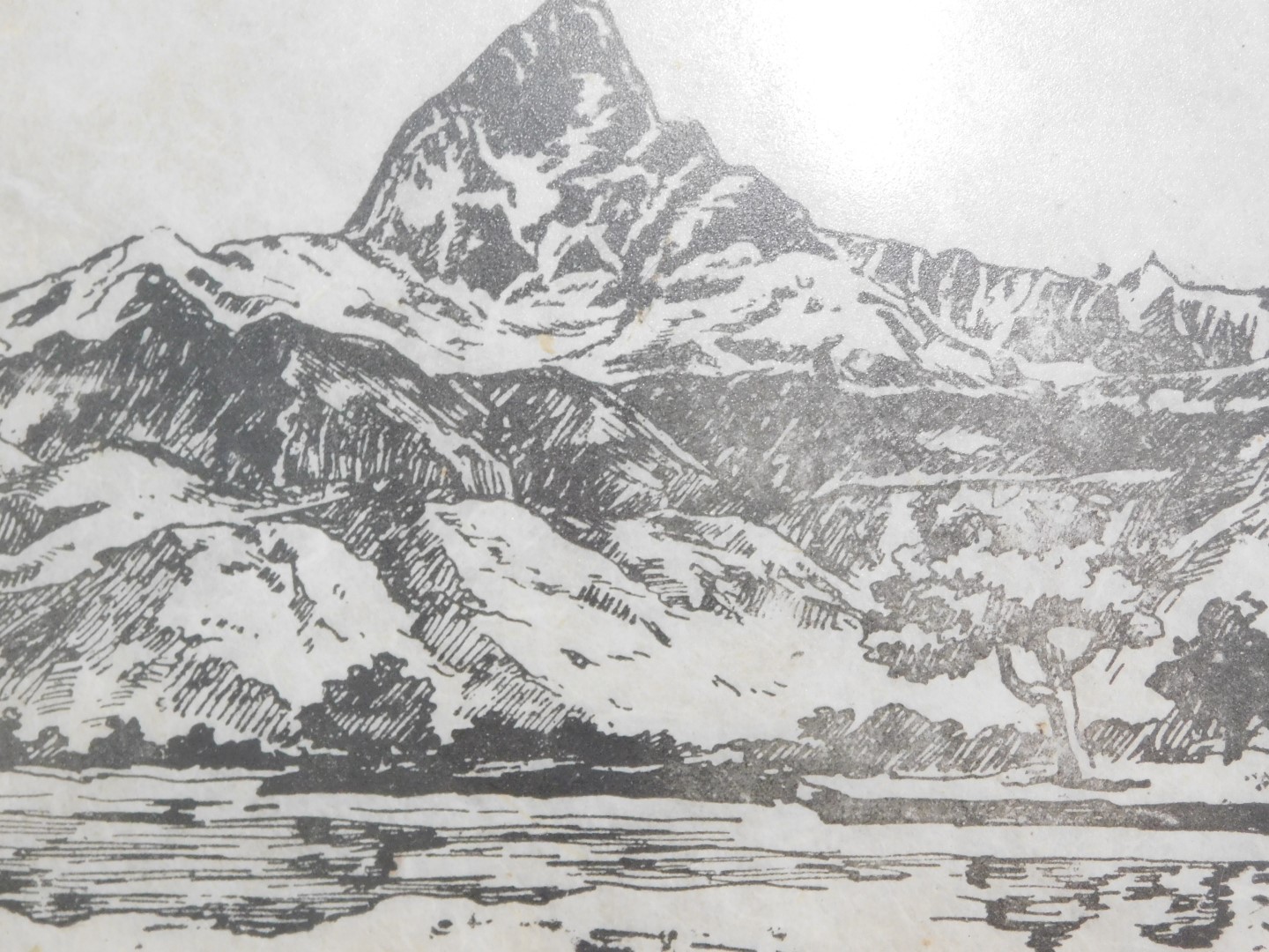 A set of seven monochrome engravings, each of scenes from the Himalayan Mountains, central print tit