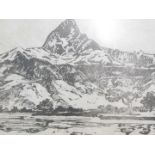 A set of seven monochrome engravings, each of scenes from the Himalayan Mountains, central print tit