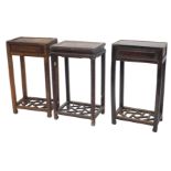 Three similar Chinese urn tables, each with a rectangular top, on plain supports, with lattice base,