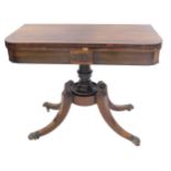 A William IV rosewood card table, the D shaped top hinged to reveal and baize surface, above a plain