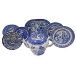 A large Maling Willow pattern teapot and cover, 37cm wide, meat dish, etc.