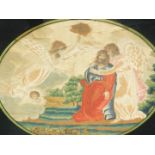 A 19thC silk and wool work picture, depicting angels with a bearded figure, within a garden, within