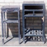 A Chinese ebonised urn table, with lattice under tier, lacking drawers, 95cm wide, and one two tier