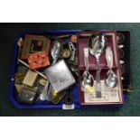 Silver plated cased cutlery, part pipes, cigarette lighters, Boston playing cards, etc. (1 tray)