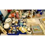 Perfume miniatures, household china and effects, Staffordshire style dogs, teapot, etc. (4 trays, 3