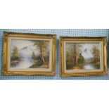 Roger Brown. A pair of mountain and woodland scenes, with partial signature , in gilt frames.